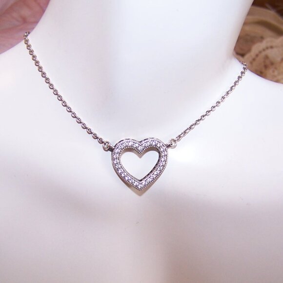 Pandora Sterling Silver Cubic Zirconia CZ Heart Necklace - Picture 3 of 7
